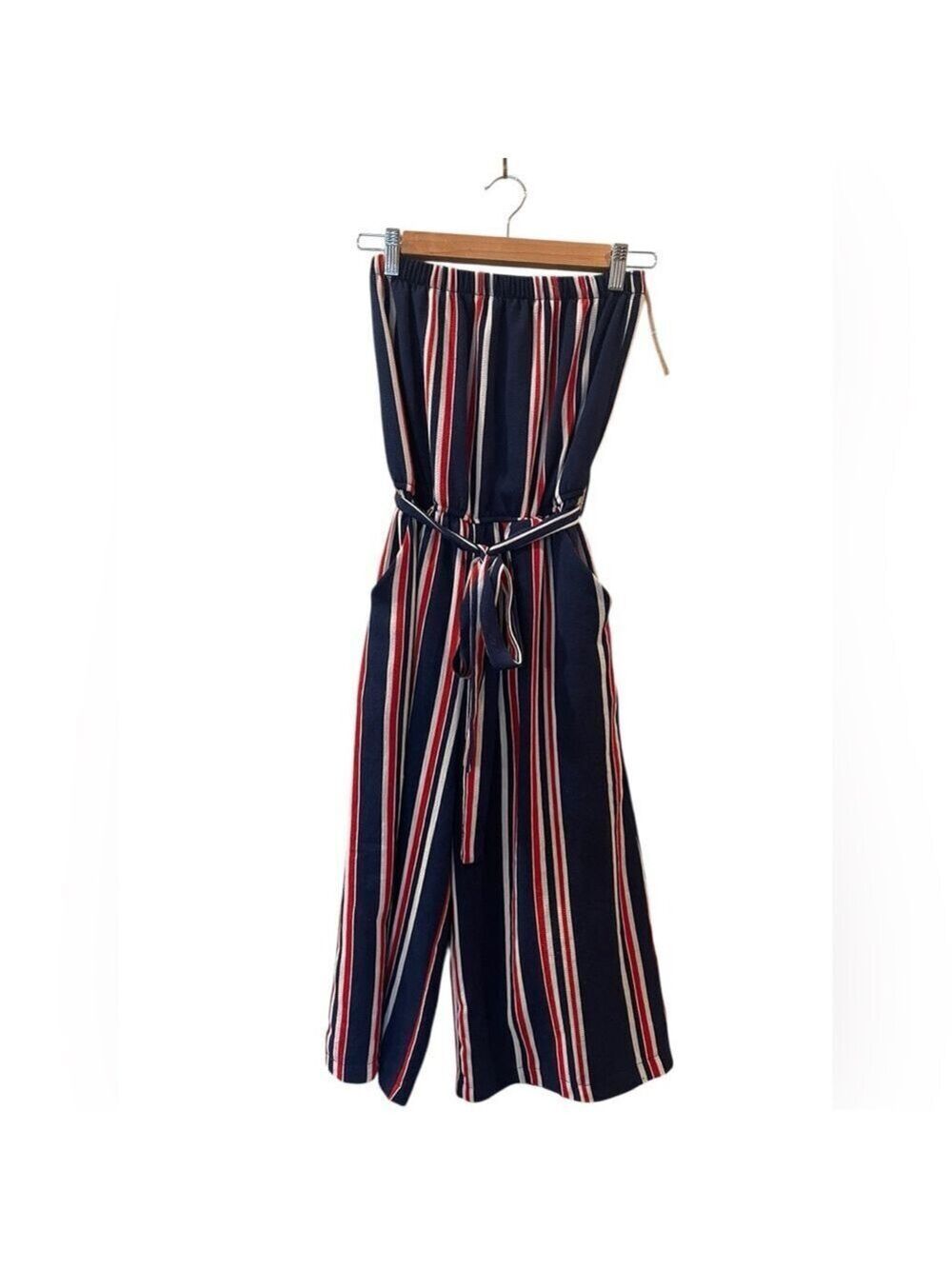 Purple Snow Women’s Belted Strapless Palazzo Romper Blue White Striped Small